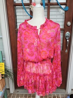 Misa Los Angeles Bright Pink Floral Ruffle Mini Dress